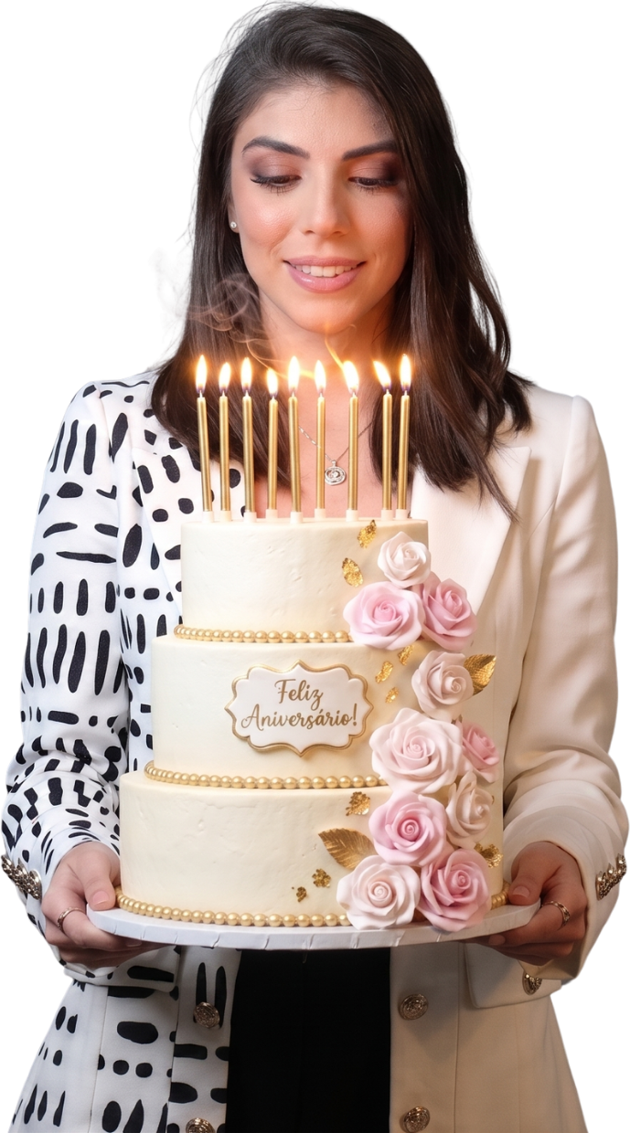 Paula com bolo de aniversário